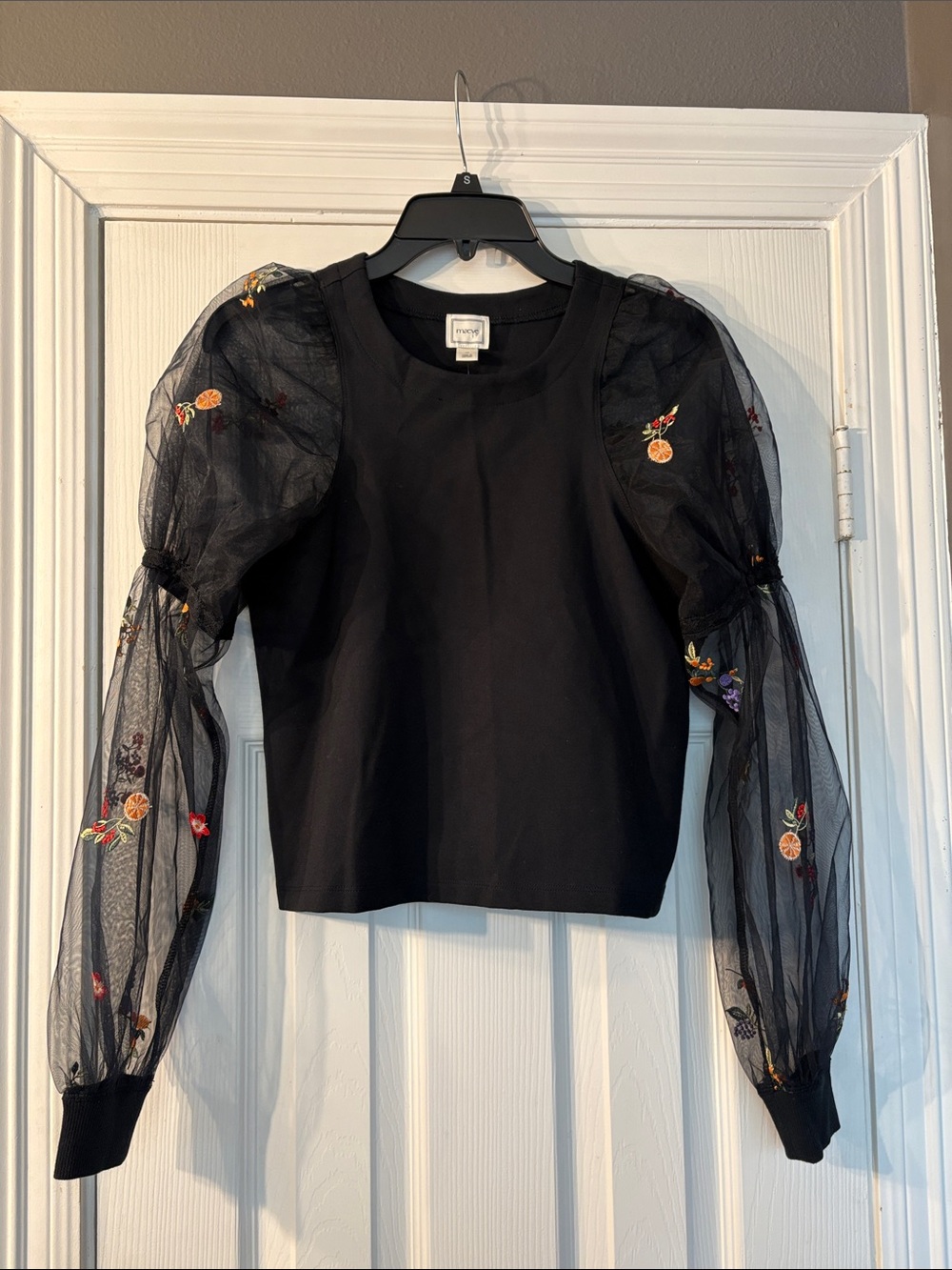 Anthropologie Maeve Black Top with Sheer Embroidered Puff Sleeves NWT Size XS